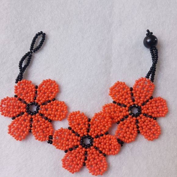 Handmade Jewelry - Elegant Floral Beaded Necklace - Orange and Black